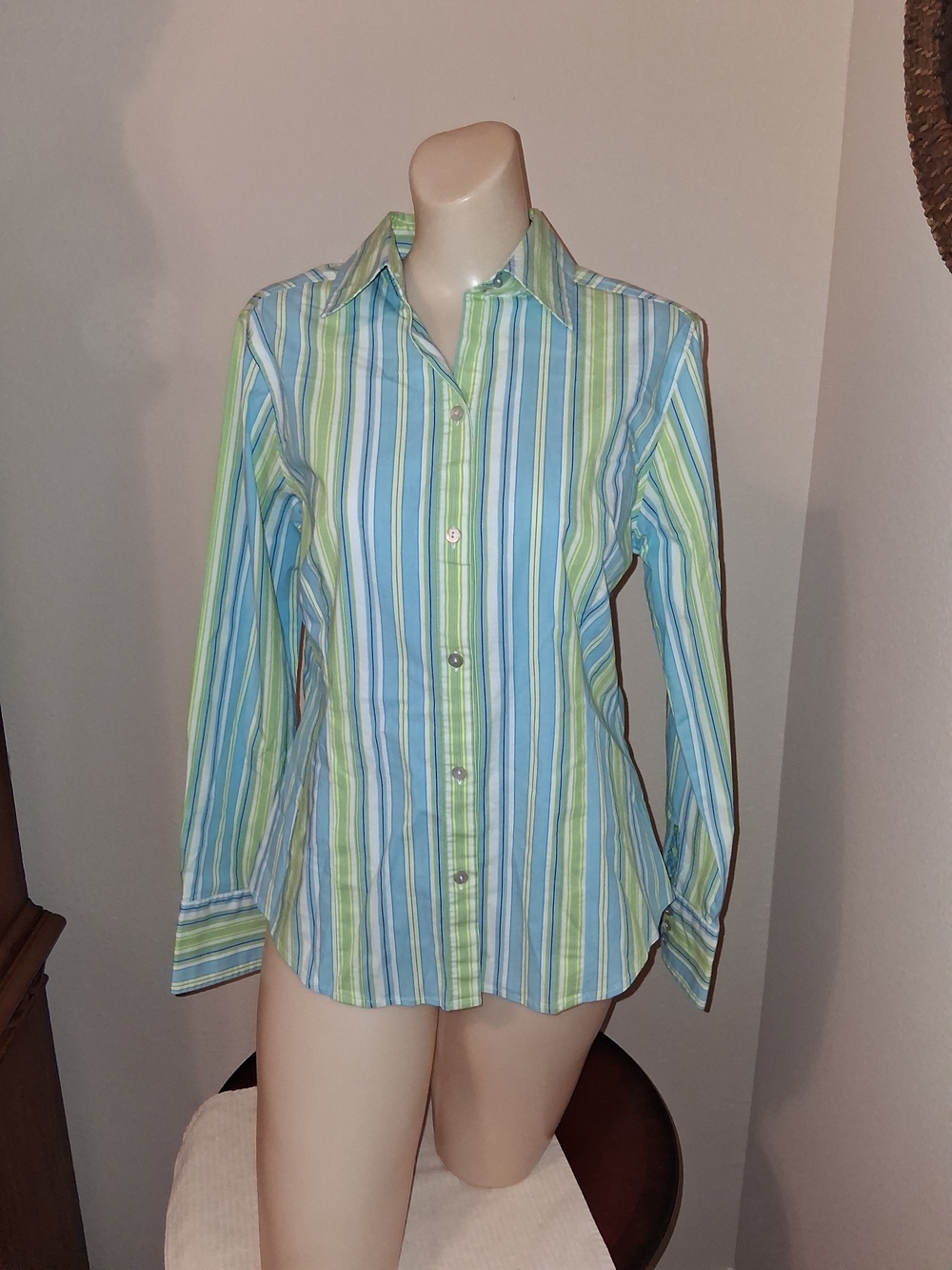Chico's Blue & Green Striped Button-Down Shirt